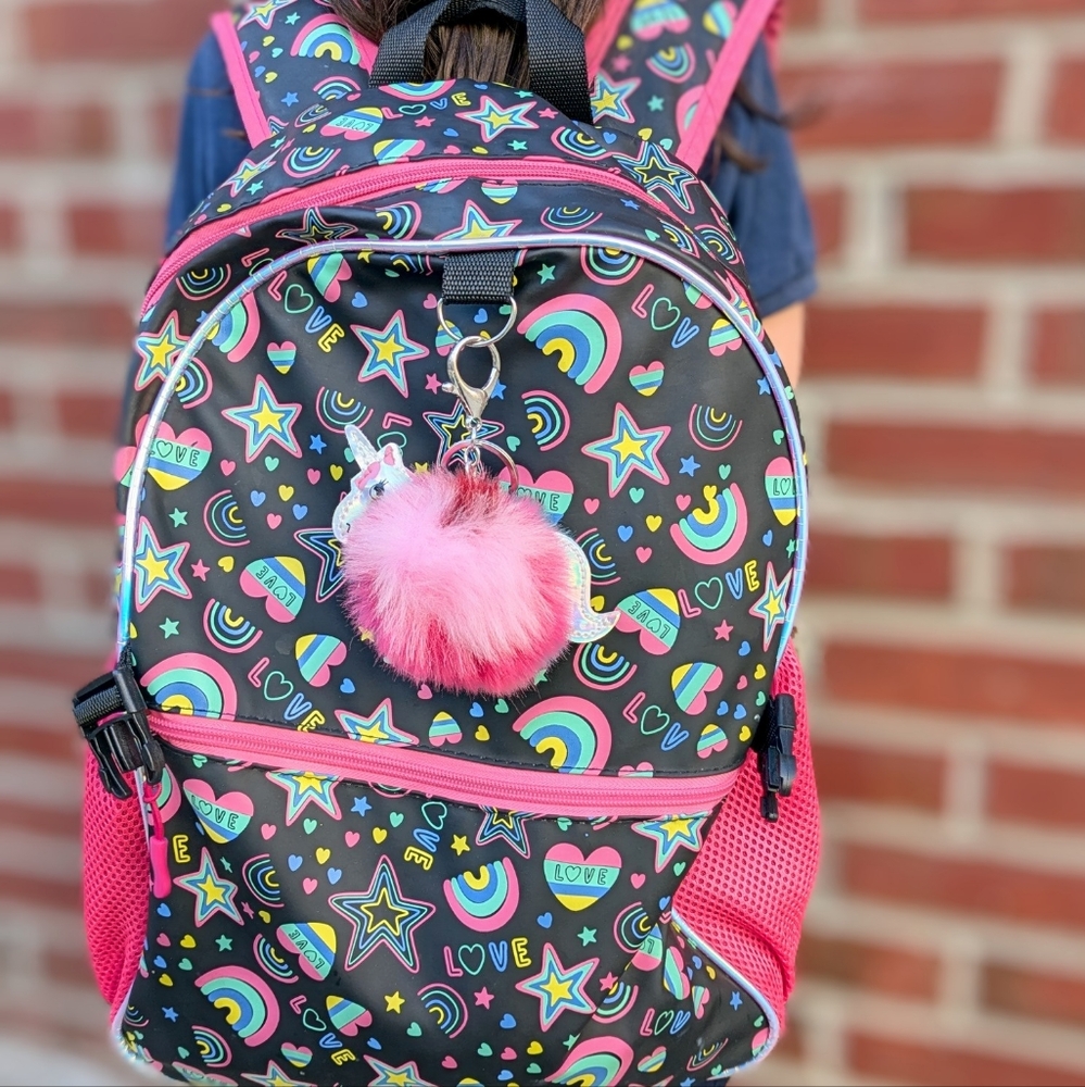Unicorn PomPom Silver Keychain, Bag Charm, Pink & Red, Gift for Girls & Kids